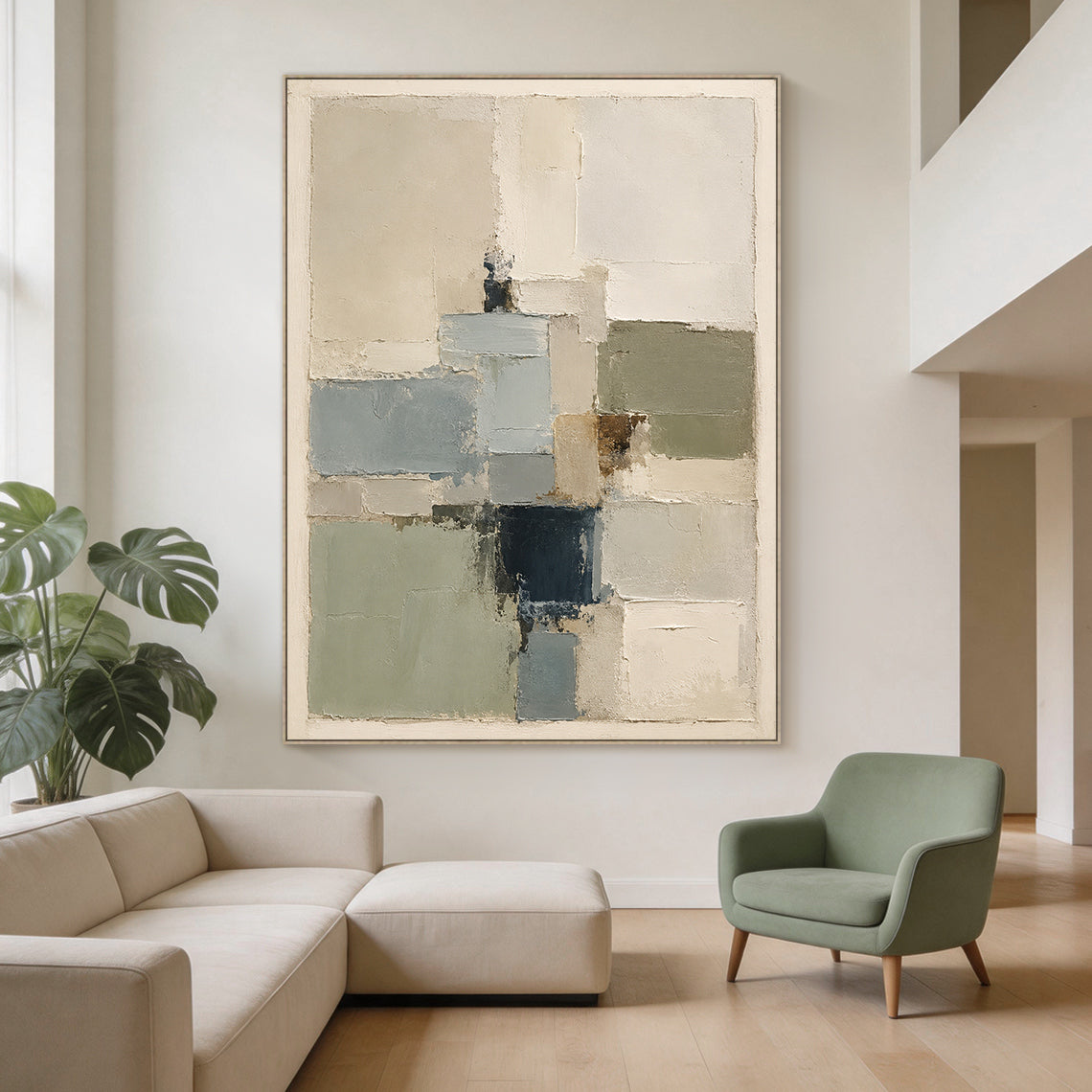 Plaster Textured Abstract Painting Japandi Beige Green Knife Painted Minimalist Luxe Wall Decor AURA752