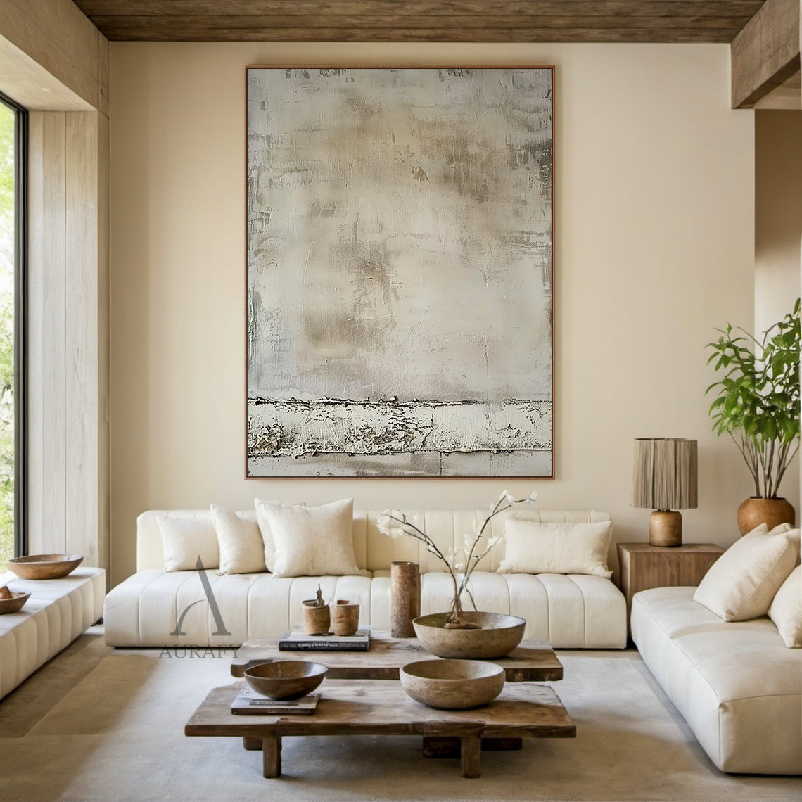 Neutral Beige Plaster Textured Abstract Wall Art | Wabi Sabi Japandi Minimalist Canvas | AURA808