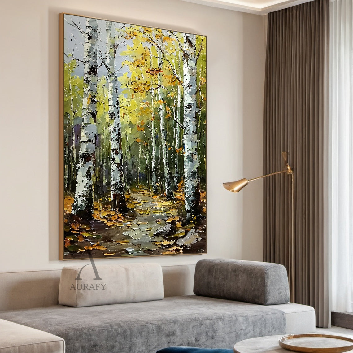 Textured Green Brown Landscape Birch Forest Knife Strokes Oil Painting Tactile Canvas Wabi-Sabi Wall Art AURA744