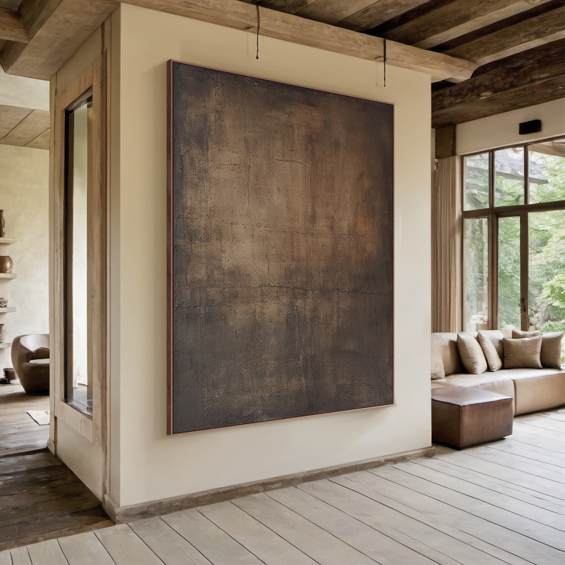Wabi-Sabi Minimalist Wall Art – Aged Brass & Tobacco Brown – AURA016(Vertical)