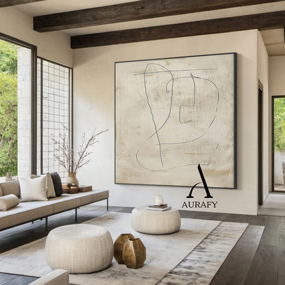 Minimalist Beige Plaster Textured Line Art Japandi Abstract Neutral Wall Decor Modern Organic Canvas Artwork AURA542