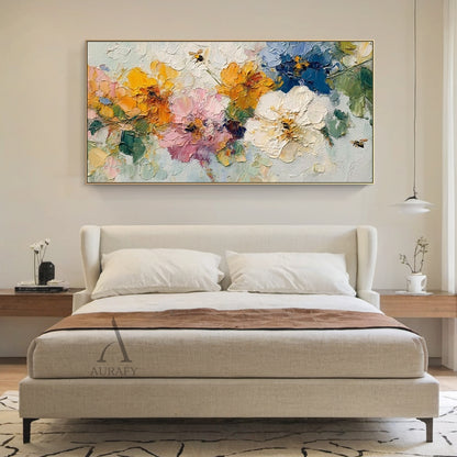 3D Impasto Textured Painting Colorful Floral Bouquet with Bees Tactile Surface Artwork AURA447