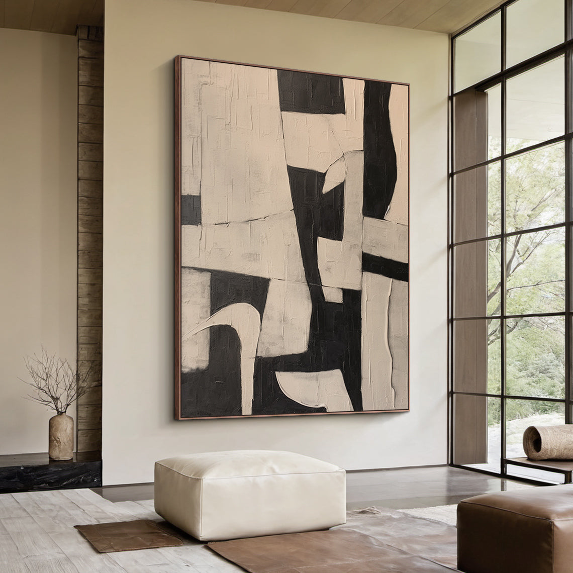 Abstract Geometric Texture Canvas – Noir & Sand painting – AURA050(Vertical)