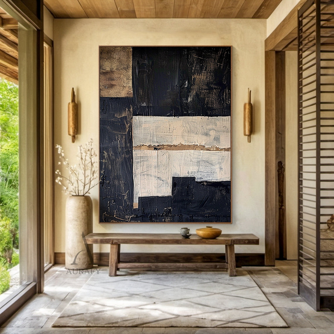 Black and Beige Abstract Wall Art with Stepped Geometric Forms - AURA836
