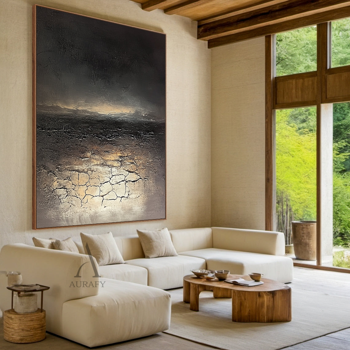 Black Abstract Painting with Beige Crackle and Warm Highlights - AURA824