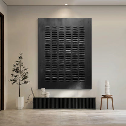 Black Minimalist Abstract Art Embossed Lines Tactile Subtle Worn Surface Monochromatic Piece AURA602