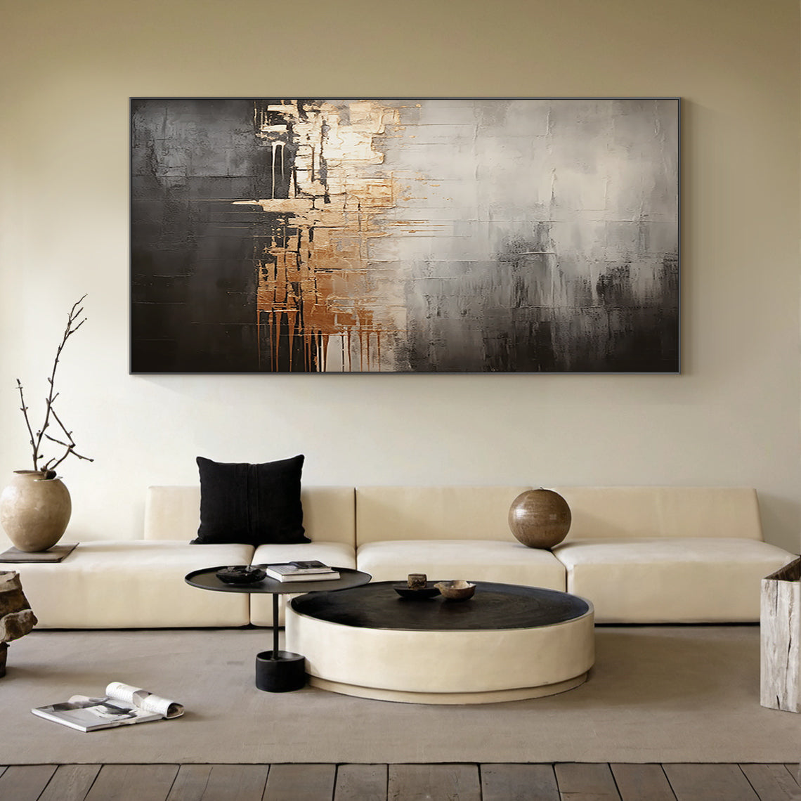 Metallic Drip Abstract Painting – Charcoal, Silver & Gold Tones – AURA030(Square)