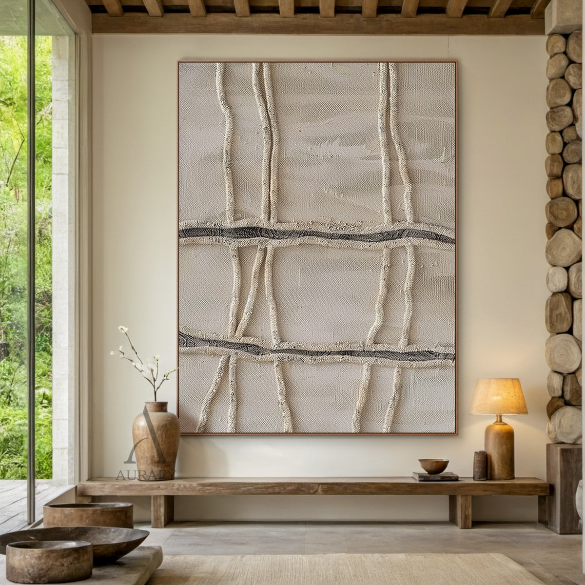 3D Textured Beige Wabi-Sabi Plaster Sculpted Canvas Japandi Minimalist Tactile Neutral Abstract Wall Art AURA787