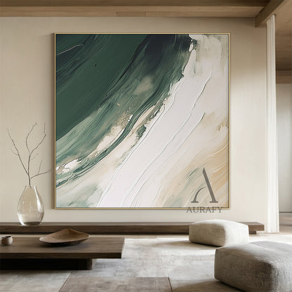 General Abstract White Modern Organic Art with Knife Strokes Thick Impasto Fluid Green Layers AURA489