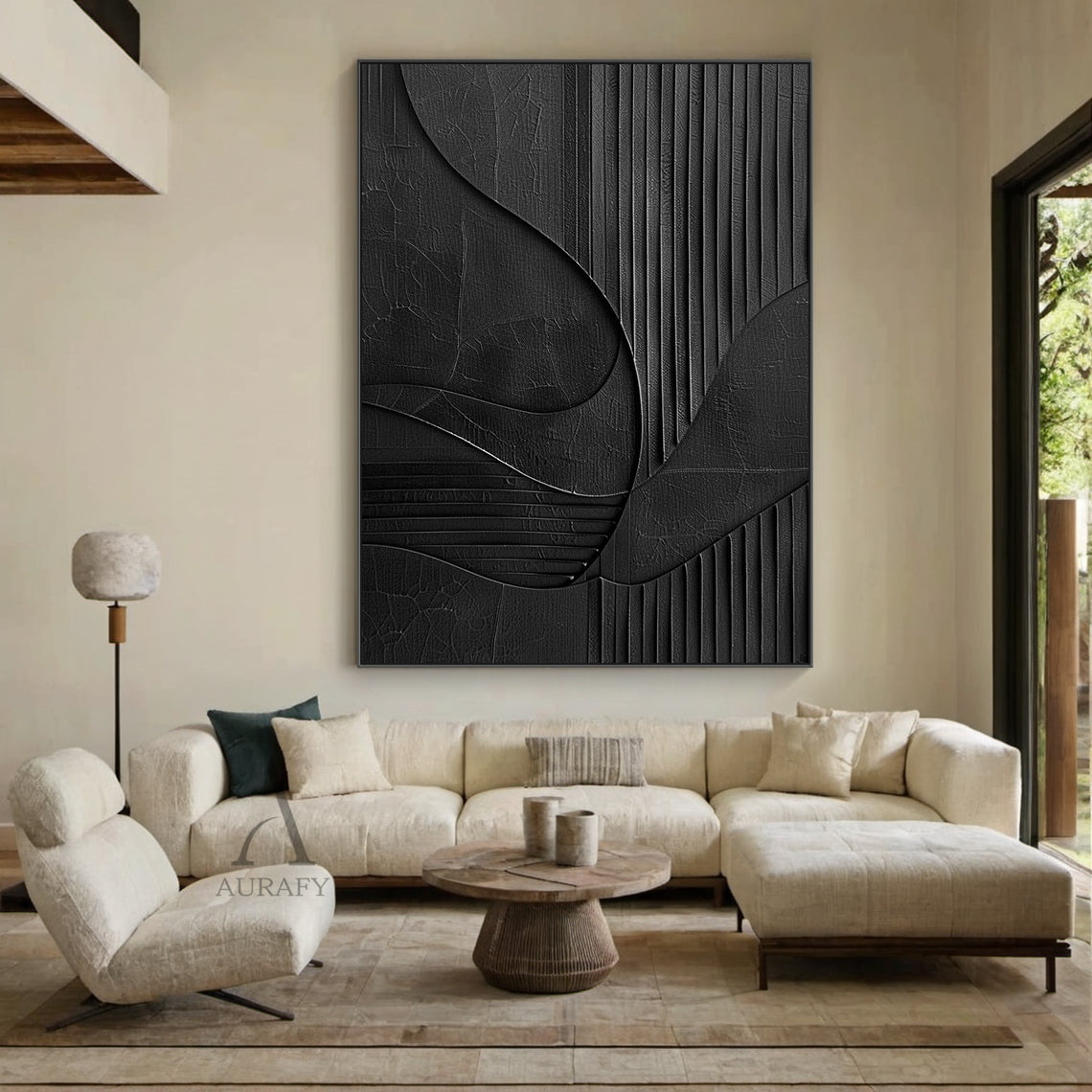 Minimalist Black Wall Art Crackled Texture Vertical Striped Tactile Sculpted Abstract Modern Organic AURA425