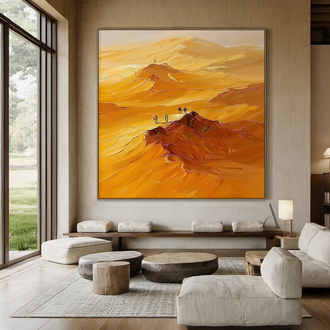 Yellow Landscape Impasto Oil Painting with Knife Strokes Tactile Surface and Exploring Figures AURA416