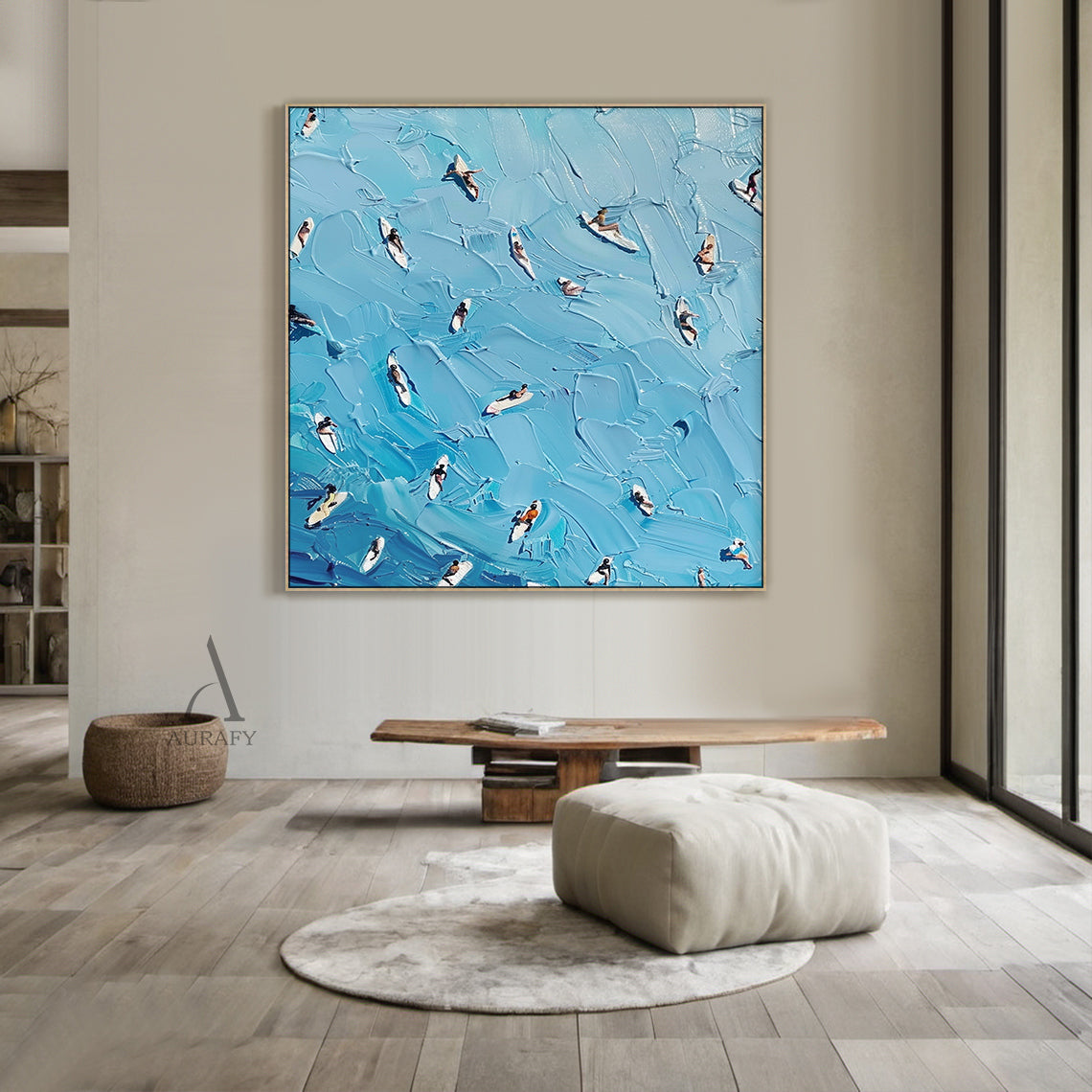 Blue Sea Surfing Art Impasto Texture Dynamic Surfer Scene Knife Strokes Vibrant Blue Tones AURA417