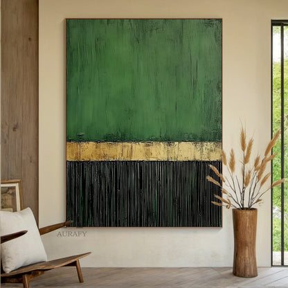 Minimalist Wall Art Green Black Textured Brush Strokes Distressed Gold Vertical Stripes Luxe Piece AURA437