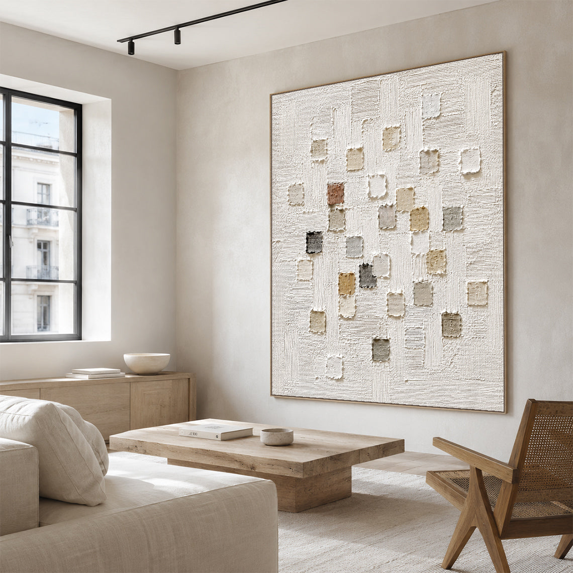 3D Textured White Plaster Japandi Wabi-Sabi Tactile Sculpted Canvas Knife Stroke Neutral Minimalist Wall Art AURA767