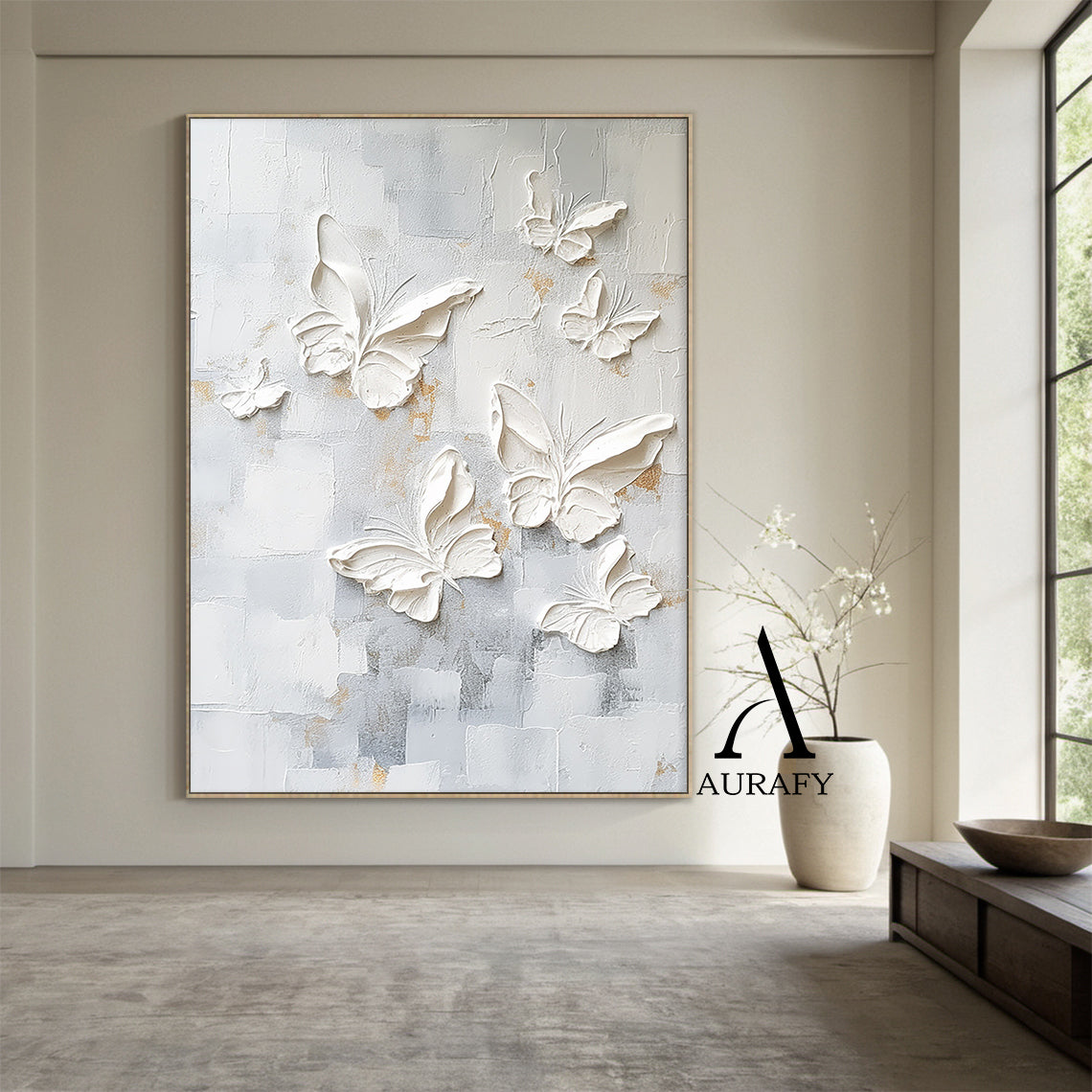 3D Textured Butterfly Art High-Relief Impasto White Beige Modern Minimalist Luxe Painting with Gold Accents AURA531