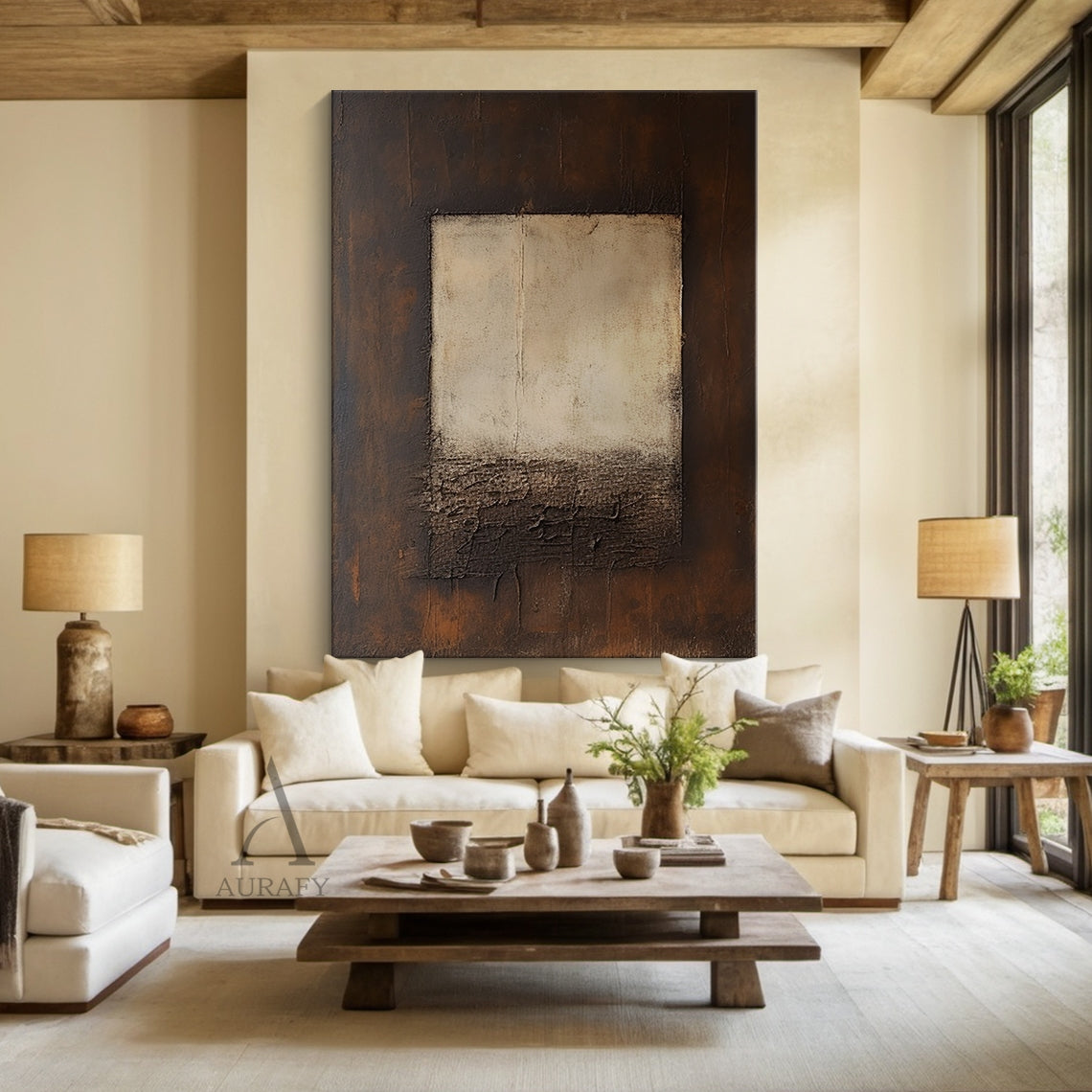 Beige Abstract Panel on Brown with a Craggy Textured Transition - AURA835