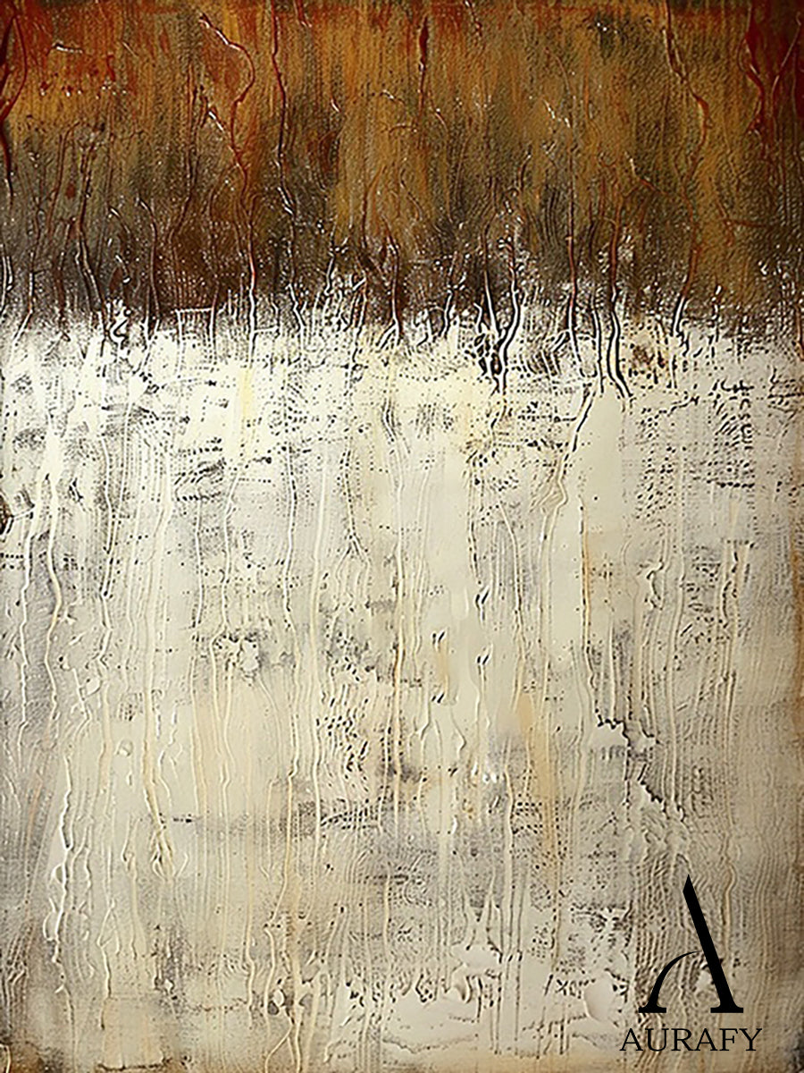 Beige Abstract Art with Tactile Plaster Texture Vertical Drips Weathered Patina Modern Organic AURA505