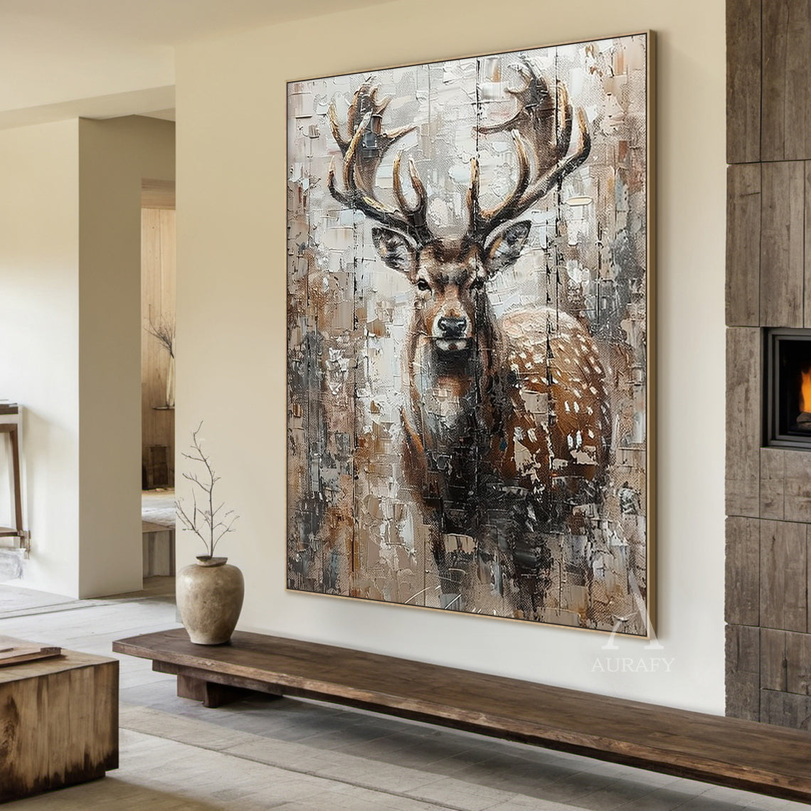 Large Textured Brown Stag Animal Oil Painting Wabi-sabi Wall Art-AURA338