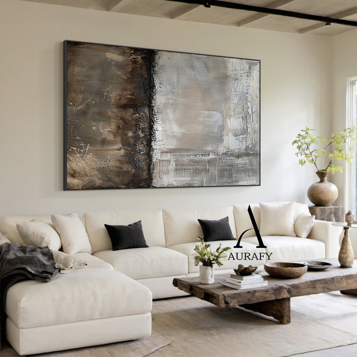 Wabi Sabi Abstract Art Gray Brown Tactile Plaster Textured Grid Indentations Knife Strokes AURA564