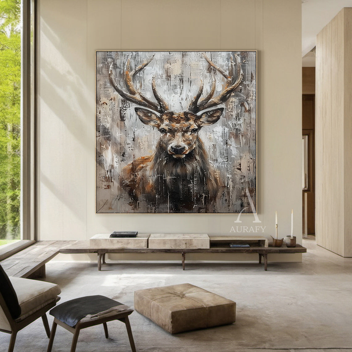Wabi-sabi Large Textured Brown Stag Animal Oil Painting Canvas Wall Art-AURA339