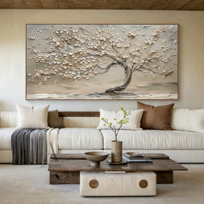 3D Textured Beige Tree Painting High-Relief Sculpted Tactile Surface Modern Organic Luxe AURA467
