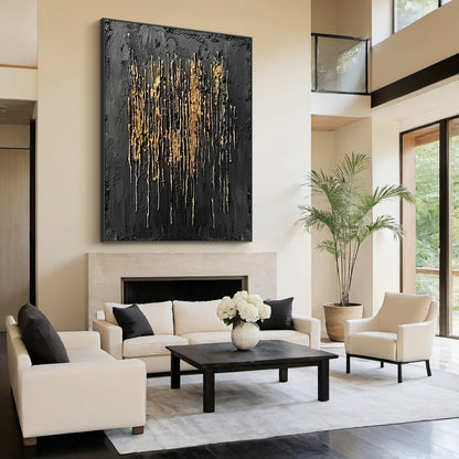 Metallic Drip Texture Canvas-Charcoal & Gold Accents-AURA031