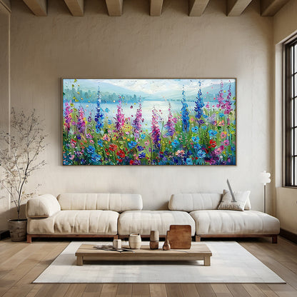 Colorful Landscape Art Impasto Knife Strokes Scenic Wildflower Lake Vibrant Impressionist Painting AURA414