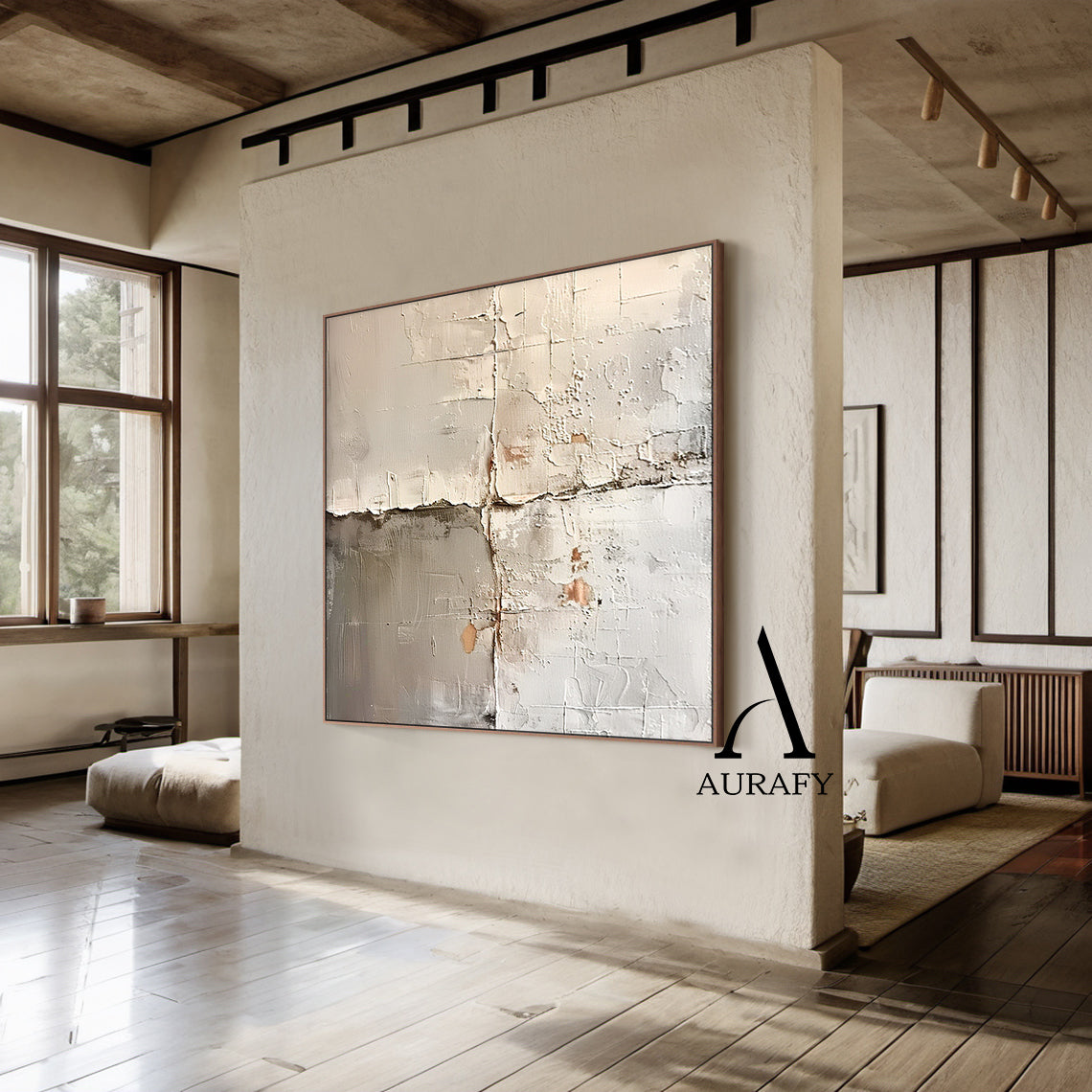 Wabi Sabi Beige Art Plaster Textured Peeling Wall Effect Handcrafted Minimalist Organic Canvas AURA563