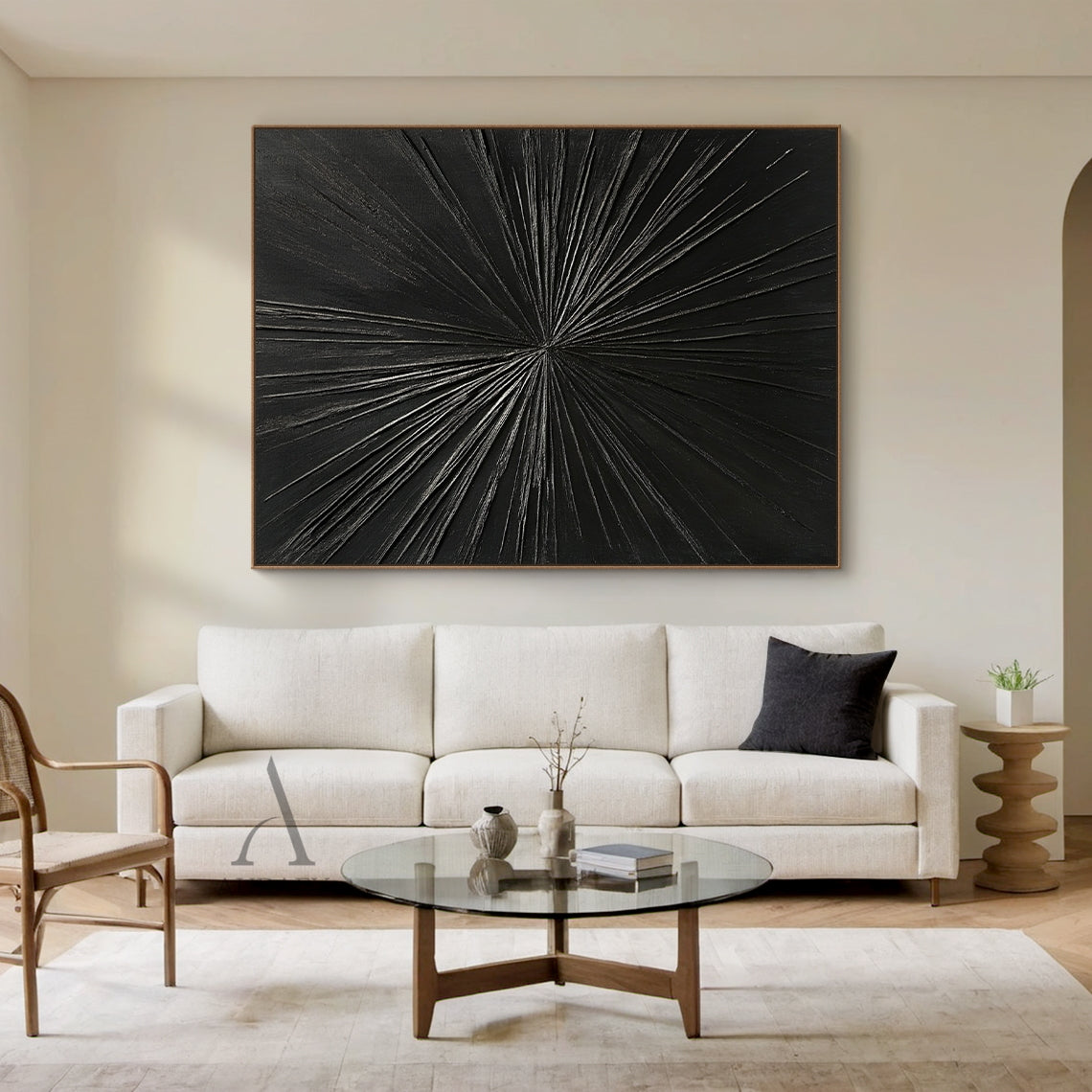 Minimalist Black Wall Art Tactile High-Relief Scratch-Textured Silver Metallic Lines Sculpted Abstract AURA456