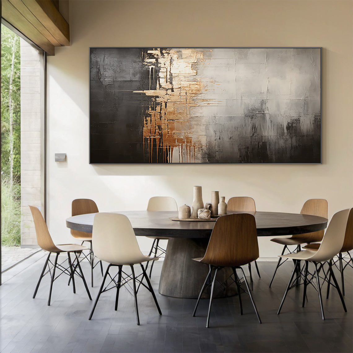 Metallic Drip Abstract Painting – Charcoal, Silver & Gold Tones – AURA030(Horizontal)