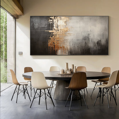 Metallic Drip Abstract Painting – Charcoal, Silver & Gold Tones – AURA030(Square)