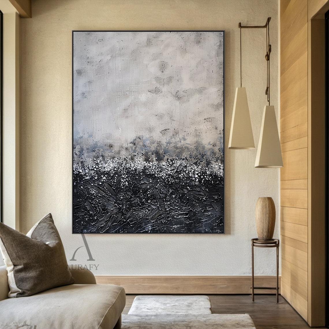 Gray and Black Abstract Wall Art with a Flecked Textural Transition - AURA847