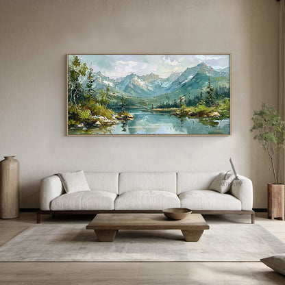 Green Landscape Oil Painting Modern Organic Visible Brushstrokes Lush Mountain Lake Art AURA421