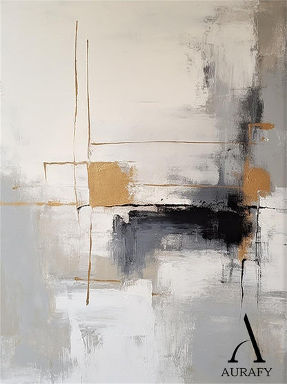 Modern Abstract Gray White Tactile Brushstroke Gold Accent Minimalist Luxe Wall Art AURA493