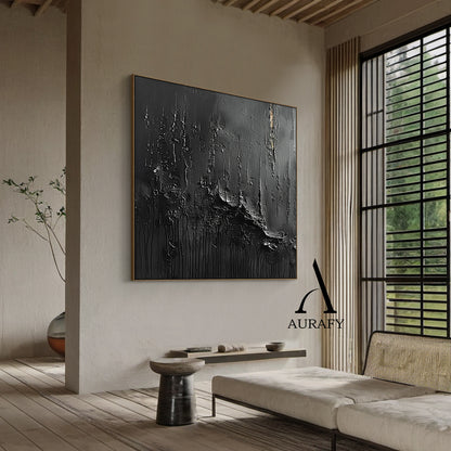 3D Textured Black Abstract Painting Tactile Surface Thick Paint Drips Scratch Marks AURA530
