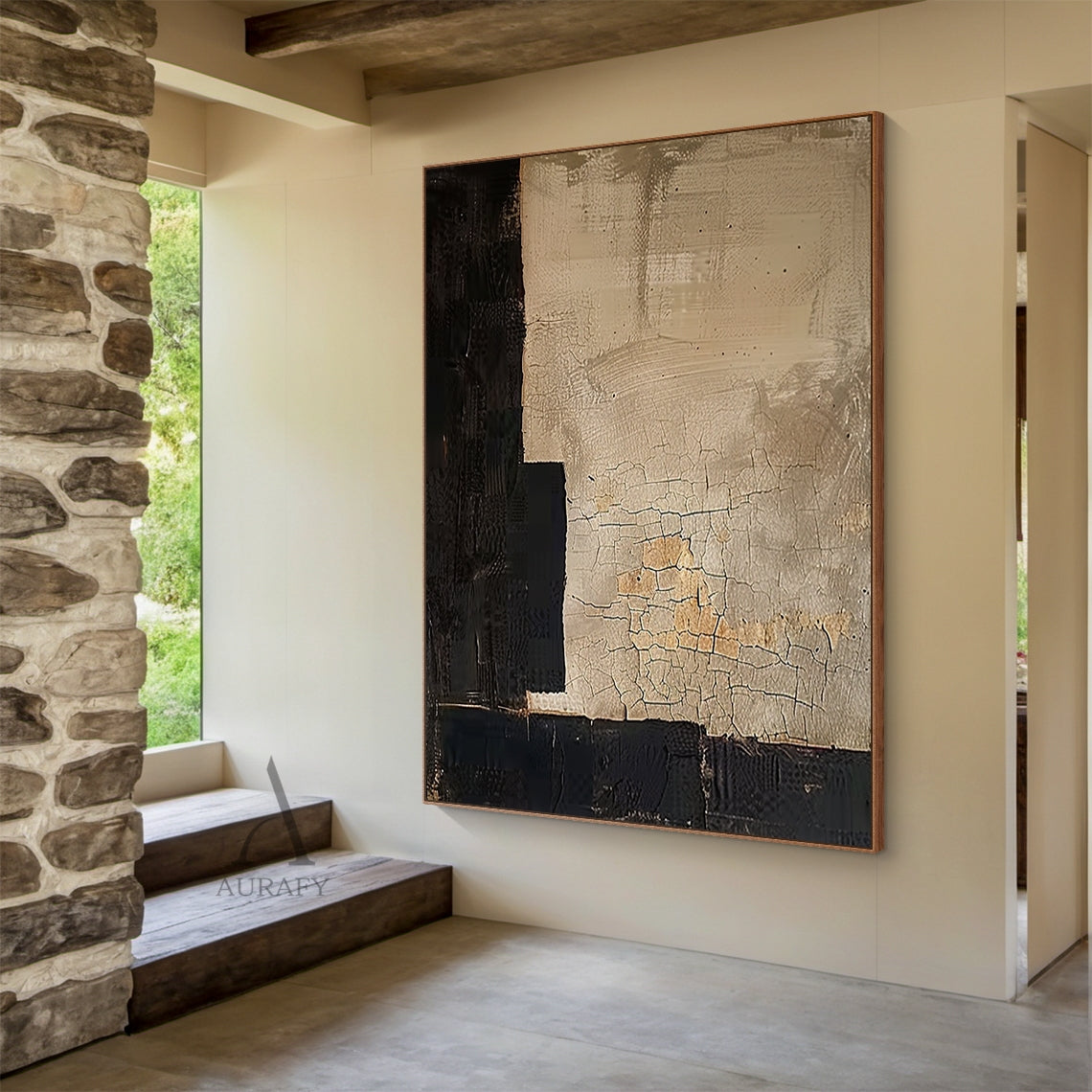 Beige & Black Wabi Sabi Geometric Abstract Wall Art | Cracked Plaster Japandi Canvas | AURA809