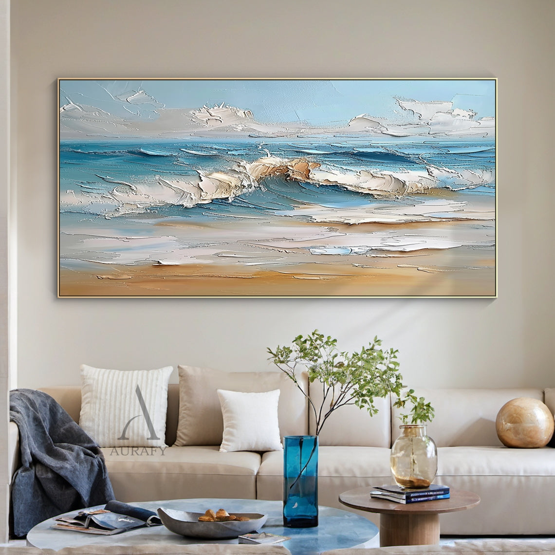 Blue Coastal Wave Beach Wall Art - AURA681
