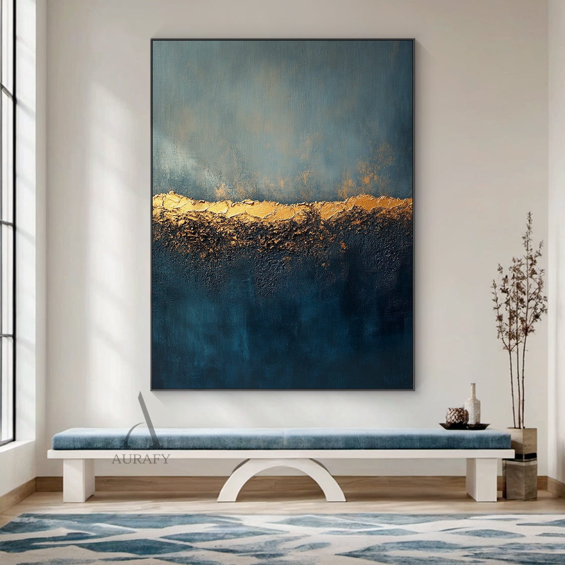 Blue Gold Abstract Plaster Textured High Relief Japandi Wabi-Sabi Minimalist Luxe Canvas Wall Art AURA726