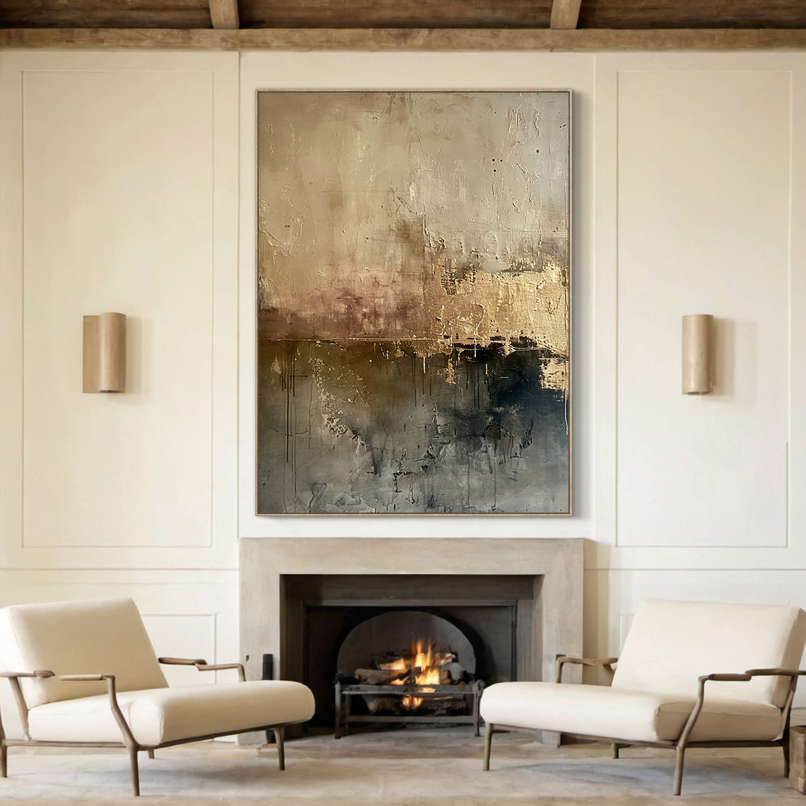 Ash Horizon-Black & Warm Beige Abstract Wall Art, Spatial Field-AURA083