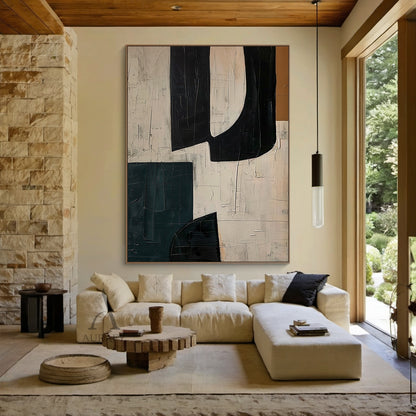 Black Curved Forms on Beige Abstract Wall Art with Deep Teal - AURA840