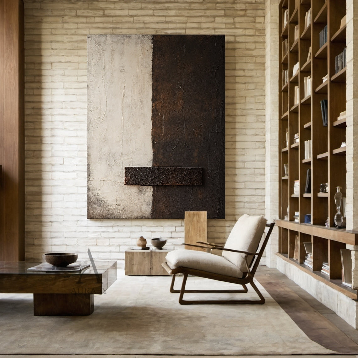 Beige and Brown Minimalist Painting with a Coarse Crossbar - AURA842