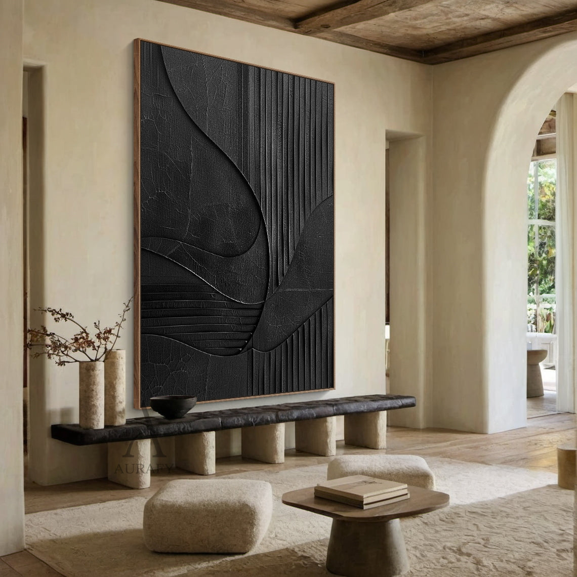 Minimalist Black Wall Art Crackled Texture Vertical Striped Tactile Sculpted Abstract Modern Organic AURA425