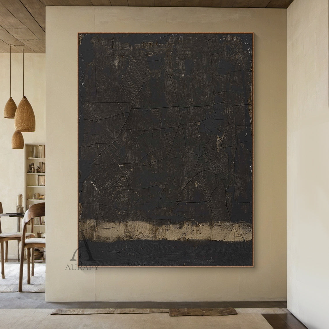 Wabi Sabi Black Abstract Cracked Textured Japandi Canvas Wall Art Minimalist Luxe Neutral Decor AURA796