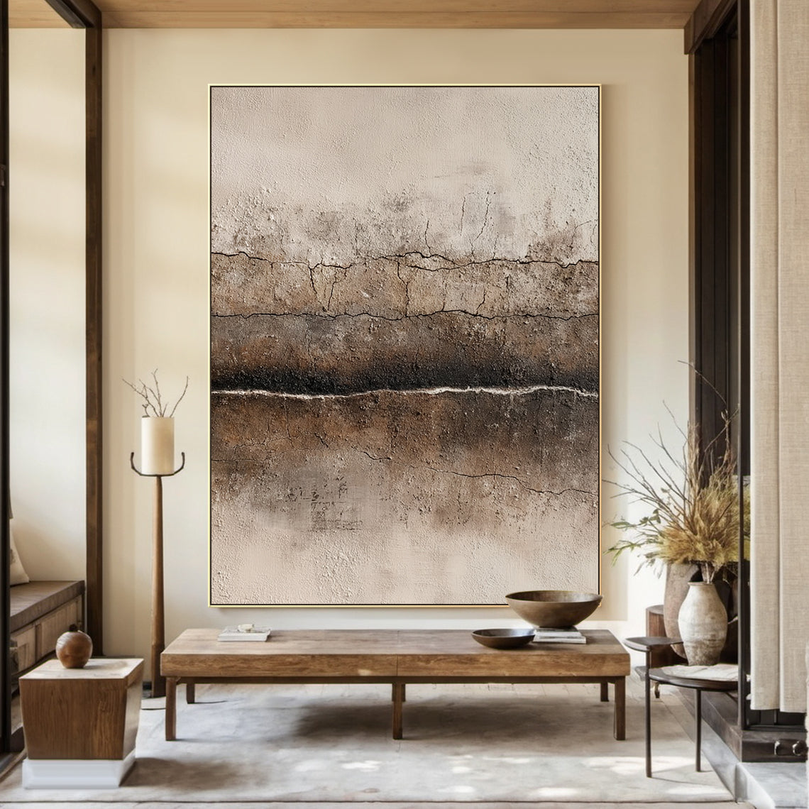 Wabi Sabi Abstract Art Cracked Plaster Texture Brown Beige Mottled Tactile Wall Decor AURA580