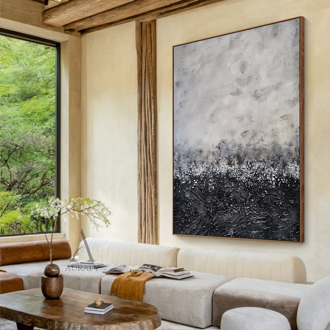 Gray and Black Abstract Wall Art with a Flecked Textural Transition - AURA847