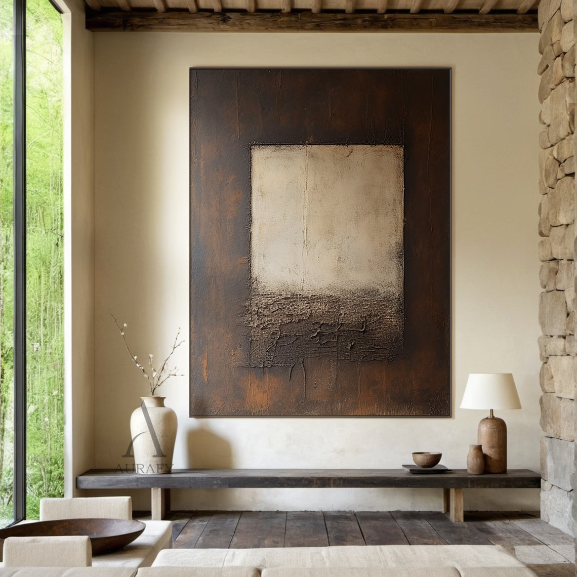 Beige Abstract Panel on Brown with a Craggy Textured Transition - AURA835