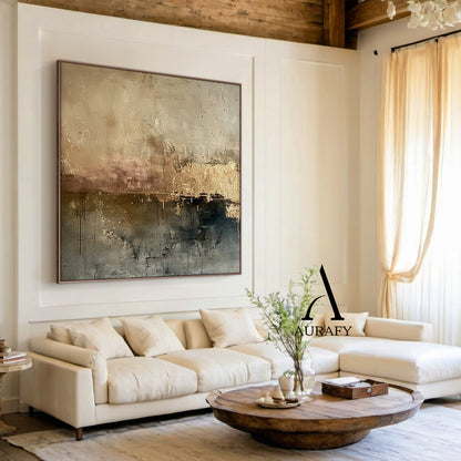 Wabi Sabi Brown Abstract Art Tactile Layered Paint Gold Flecks Scratch Marks Drip Texture AURA557
