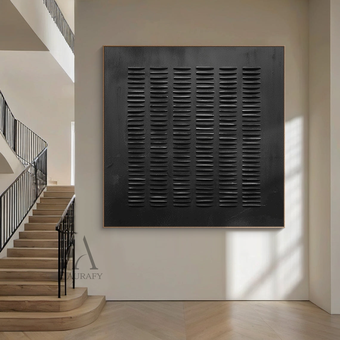 Black Minimalist Abstract Art Embossed Lines Tactile Subtle Worn Surface Monochromatic Piece AURA602