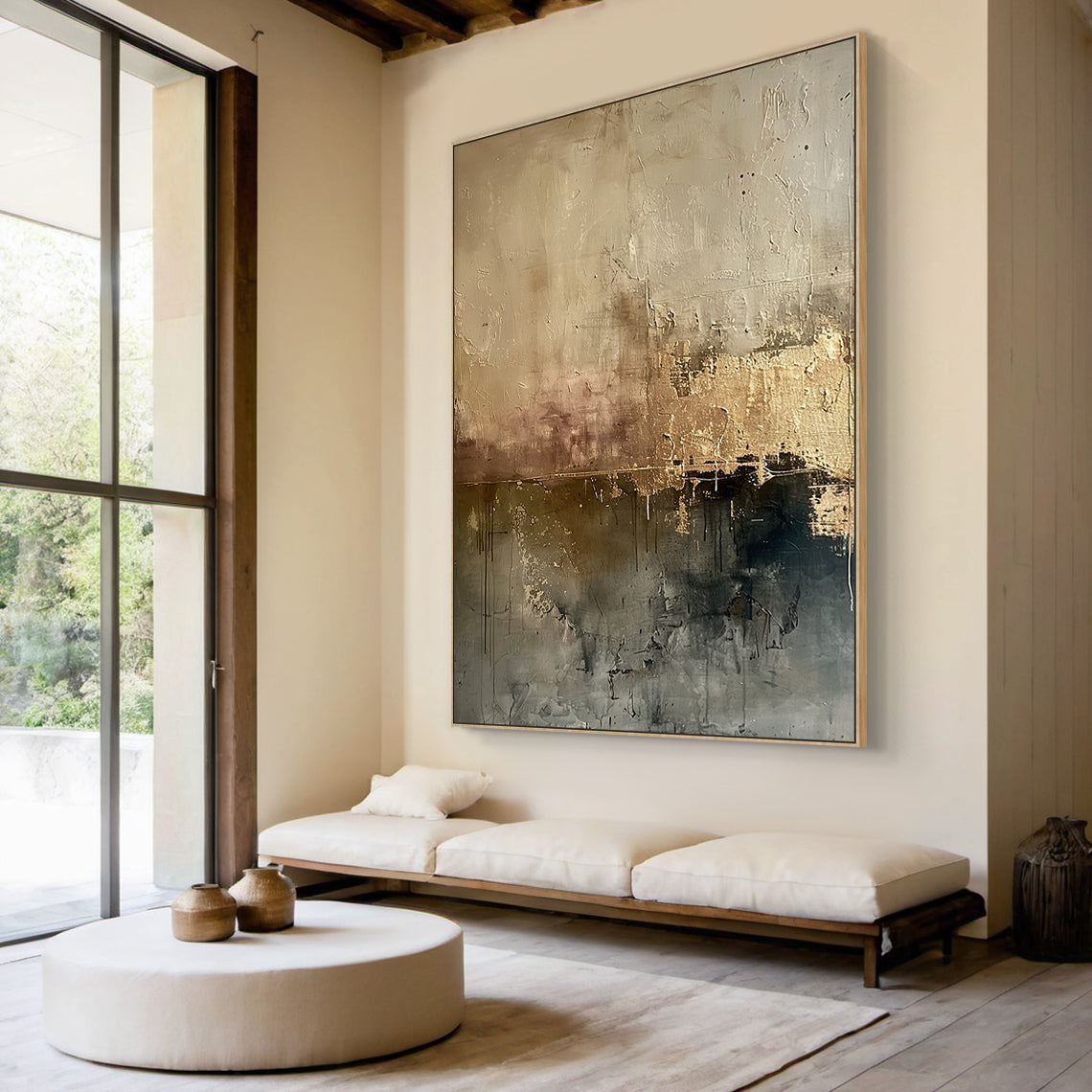 Ash Horizon-Black & Warm Beige Abstract Wall Art, Spatial Field-AURA083