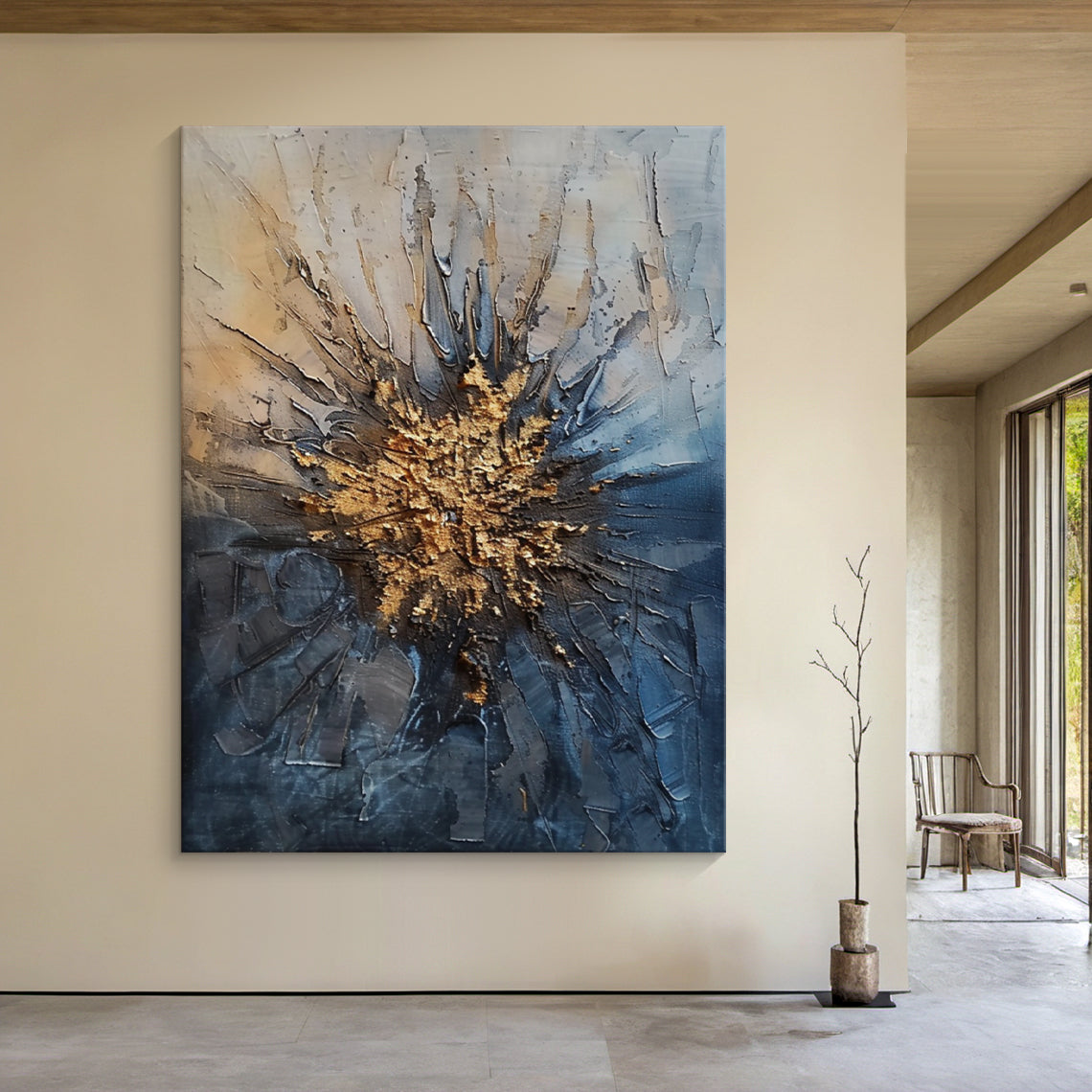 General Abstract Blue Yellow Textured Wall Art Living Room Decor AURA193